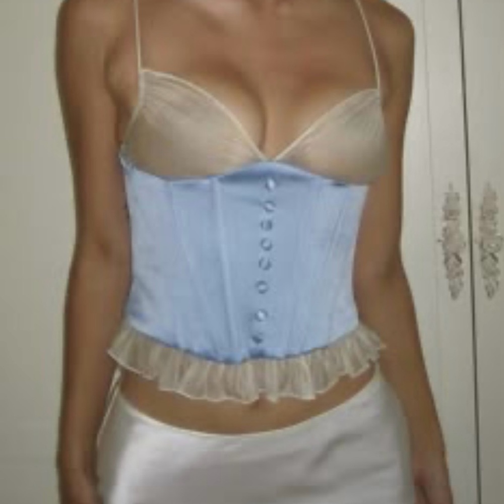 Blue and Cream Ruffled Bustier Tank Top